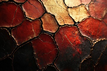 Aufkleber - Abstract art depicting a cracked, textured surface in shades of red, gold, and black.