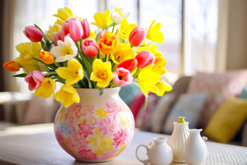 Aufkleber - Colorful spring bouquet in a decorative vase placed on a table in a sunny living room