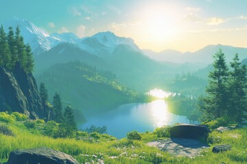 Poster - Serene mountain lake at sunrise, surrounded by lush greenery and snow-capped peaks.