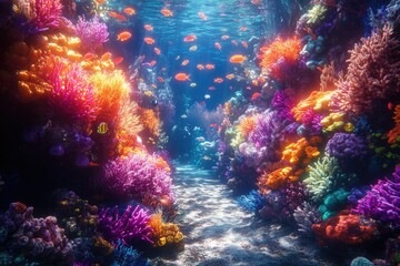 Aufkleber - Vibrant coral reef teeming with colorful fish and diverse marine life under the sunlit ocean.