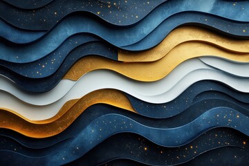 Poster - Textured abstract waves with blue, gold, and white elements create a modern artistic composition