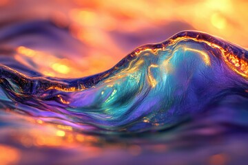 Poster - Vibrant iridescent ocean wave at sunset, glowing with warm and cool colors.