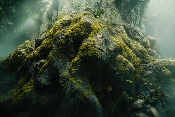 Aufkleber - Ancient tree base, heavily covered in moss, shrouded in mist, evokes mystery and age.