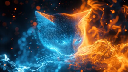 Canvas Print - Digital Cat Portrait, Fire and Ice, Abstract Background