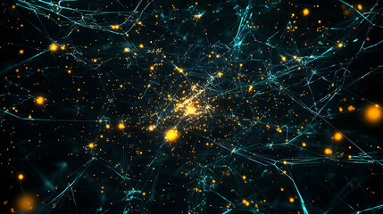 Abstract Digital Network Of Glowing Blue And Orange Dots And Lines