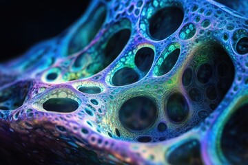 Poster - Abstract iridescent fractal, resembling a porous, organic structure with vibrant, glowing cavities.