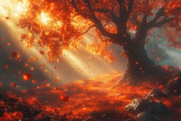 Poster - Majestic autumn tree bathed in golden sunlight, leaves falling gently around it.