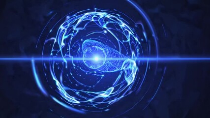 Poster - Abstract blue energy sphere rotating and creating glowing particles effect, representing concepts like energy, power, magic, science, and technology