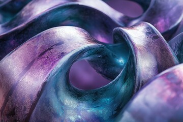 Fototapete - Abstract artwork showcasing swirling, metallic forms in iridescent purple and teal hues.