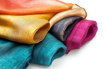Aufkleber - A stack of four vibrant, metallic-threaded fabrics in teal, fuchsia, gold, and coral.