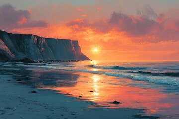 Poster - Sunset paints the sky in fiery hues, reflecting on the tranquil ocean and sandy beach, cliffs silhouetted against the vibrant colors.