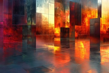 Fototapete - Abstract 3D rendering of a metallic, cube-shaped structure with warm, fiery reflections.