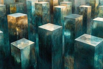 Poster - A mesmerizing array of teal and gold metallic cubes, creating a dense, abstract cityscape.