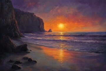 Poster - Sunset over dramatic cliffs and ocean, vibrant colors paint the sky and waves.