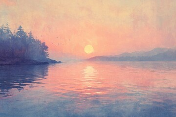 Poster - Serene sunset over calm water, reflecting the soft pink and orange hues of the sky, with distant silhouettes of trees and mountains.