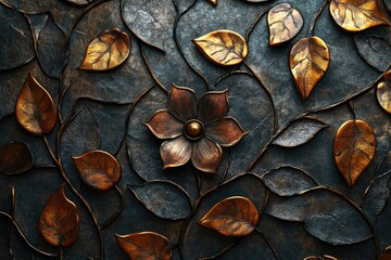 Poster - Intricate metalwork depicting a flower and leaves in bronze and dark hues, showcasing artistry and detail.