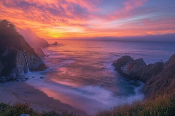 Poster - Stunning sunset over a secluded cove, waterfall cascading down cliffs into the ocean.
