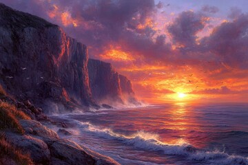 Poster - Dramatic sunset over coastal cliffs, waves crashing against the rocks, birds flying overhead.