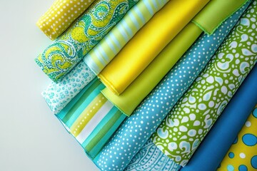 Poster - A vibrant stack of teal, yellow, and green patterned fabrics, showcasing various textures and designs.