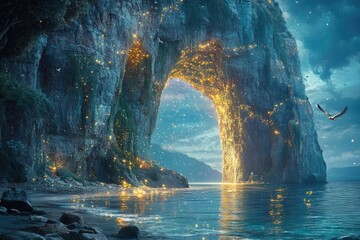Aufkleber - Magical archway in glowing coastal cave, illuminated by fireflies, tranquil sea.