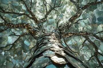 Poster - A low-angle view of a tree trunk adorned with countless shimmering, coin-like objects, creating a mesmerizing effect.