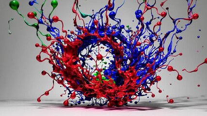 Poster - Colorful liquid paint splashing and making a dynamic shape on a gray background, with red, green, blue, yellow and other colors mixing together