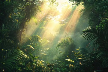 Aufkleber - Sunbeams pierce through a dense, lush jungle canopy, illuminating vibrant green foliage and creating a mystical atmosphere.