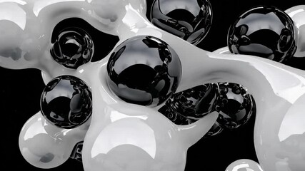 Poster - Abstract 3d render featuring black spheres gracefully floating in a thick white liquid against a deep black background, creating a striking visual contrast that captivates the eye