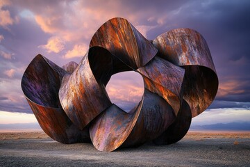 Poster - Abstract rusty metal sculpture outdoors at sunset, showcasing intricate curves and a central opening.