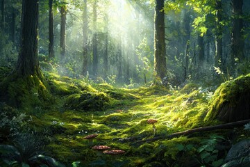 Poster - Sunlit forest path, lush moss, vibrant green, magical atmosphere, fairytale setting, enchanting woods.