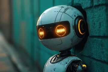 Poster - Unique robot character leaning against a wall, showcasing futuristic design and glowing features in an urban environment