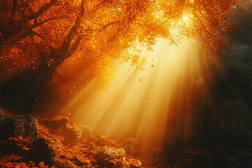 Poster - Golden sun rays pierce through autumn leaves in a mystical forest, illuminating a rocky path.