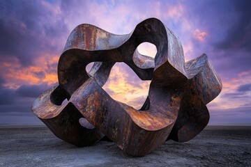 Poster - Abstract rusty metal sculpture at sunset, creating an interplay of light and shadow.