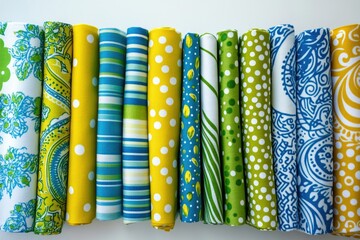 Poster - Assortment of vibrant yellow, green, and teal fabric rolls with various patterns including polka dots, stripes, and florals.