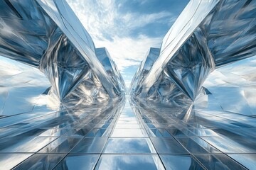Poster - A futuristic, symmetrical pathway lined with reflective, crystalline structures under a bright sky.