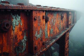 Poster - Severely rusted metal structure, possibly a bridge, shrouded in mist, showing signs of age and decay.