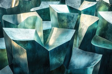 Leinwandbilder - Abstract teal geometric shapes resembling crystals or metallic structures, creating a textured, artistic composition.