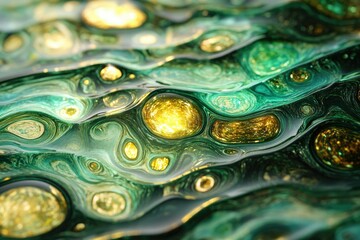 Aufkleber - Abstract art depicting swirling, wavy green and gold liquid with embedded luminous spheres.