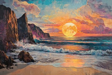 Poster - A breathtaking sunset over a rocky beach, with a large, golden moon rising over the ocean waves.