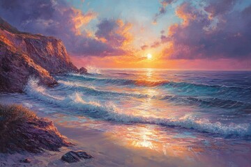 Poster - Serene sunset over the ocean, waves crashing on a rocky shore, painting of peaceful coastal scene.