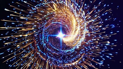 Poster - Light trails and particles swirling around a bright, glowing four-pointed star shape, forming a captivating vortex against a dark backdrop, evoke a sense of cosmic energy and motion