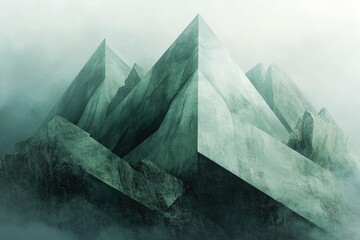 Poster - Abstract geometric mountain landscape shrouded in mist, evoking a sense of mystery and serenity.