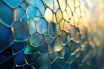 Fototapete - Abstract image of interconnected, iridescent blue and gold cells resembling a network or mosaic.