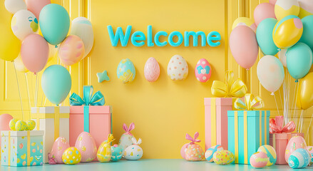 Poster - Celebration space decorated for Easter with colorful balloons, gifts, and eggs in a cheerful atmosphere