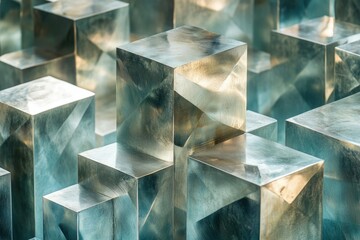 Aufkleber - A close-up view of numerous metallic cubes, arranged in a complex and visually appealing pattern.