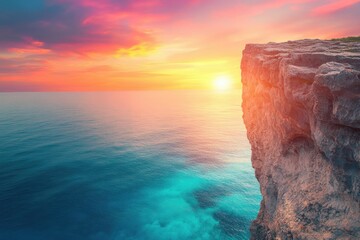 Poster - Stunning sunset over a dramatic ocean cliff, vibrant colors paint the sky and sea.