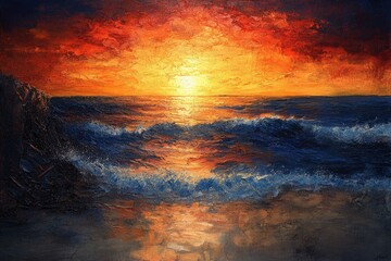 Aufkleber - Fiery sunset over a tranquil ocean, waves gently lapping the shore, painting a breathtaking scene.