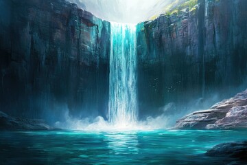 Poster - A serene waterfall cascades into a tranquil turquoise pool, nestled within towering, dark cliffs.