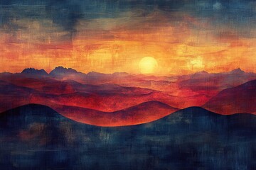 Aufkleber - Sunset over a vast, layered mountain range, painted in warm, earthy tones.