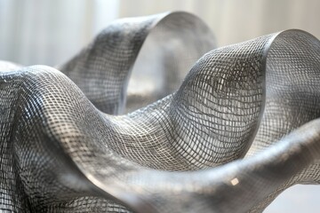 Poster - Abstract sculpture of woven metallic mesh, creating fluid, undulating forms.